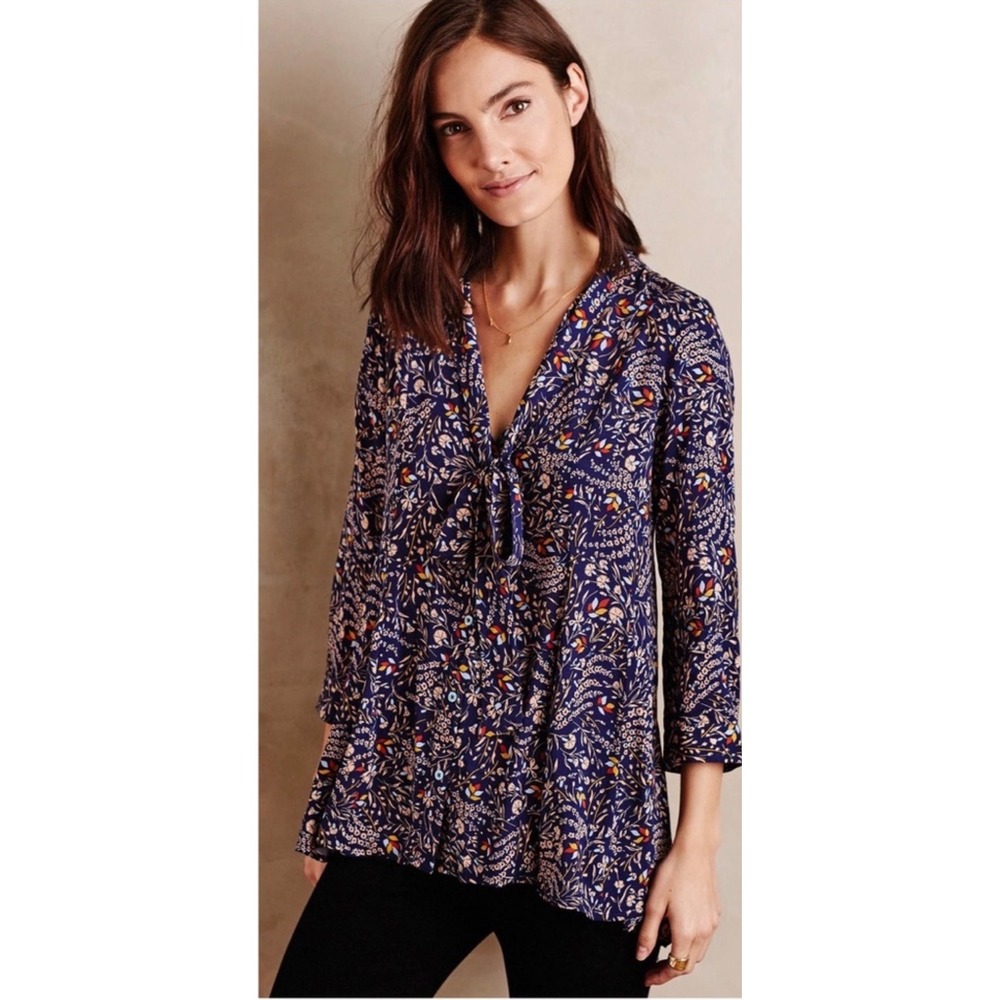 Maeve Anthropologie Navy Blue Floral Tie Neck High Low Blouse Small